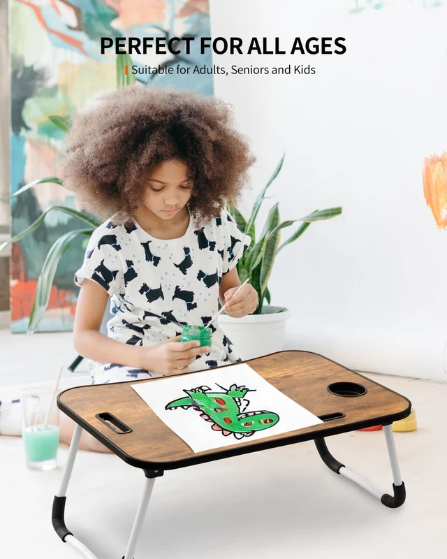 Alt view image 3 of 6 - FISYOD Foldable Laptop Table, Portable Lap Desk Bed Table Tray, Laptop Stand with Cup Holder & Tablet Slot & Lifting Handle for Working Writing Drawing & Eating (Rustic Brown)