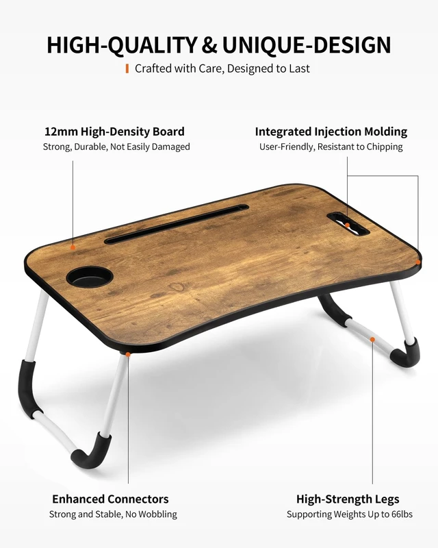 Alt view image 5 of 6 - FISYOD Foldable Laptop Table, Portable Lap Desk Bed Table Tray, Laptop Stand with Cup Holder & Tablet Slot & Lifting Handle for Working Writing Drawing & Eating (Rustic Brown)