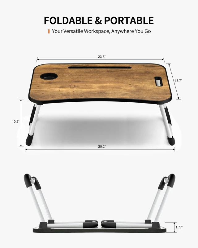 Alt view image 6 of 6 - FISYOD Foldable Laptop Table, Portable Lap Desk Bed Table Tray, Laptop Stand with Cup Holder & Tablet Slot & Lifting Handle for Working Writing Drawing & Eating (Rustic Brown)