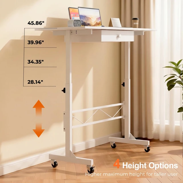 Alt view image 7 of 7 - COMHOMA Small Standing Desk with Storage Drawer, Mobile Height Adjustable Rolling Sit Stand Desk with Lockable Wheels 4Level Portable Laptop Desk for Small Space Home Office Treadmill Workstation