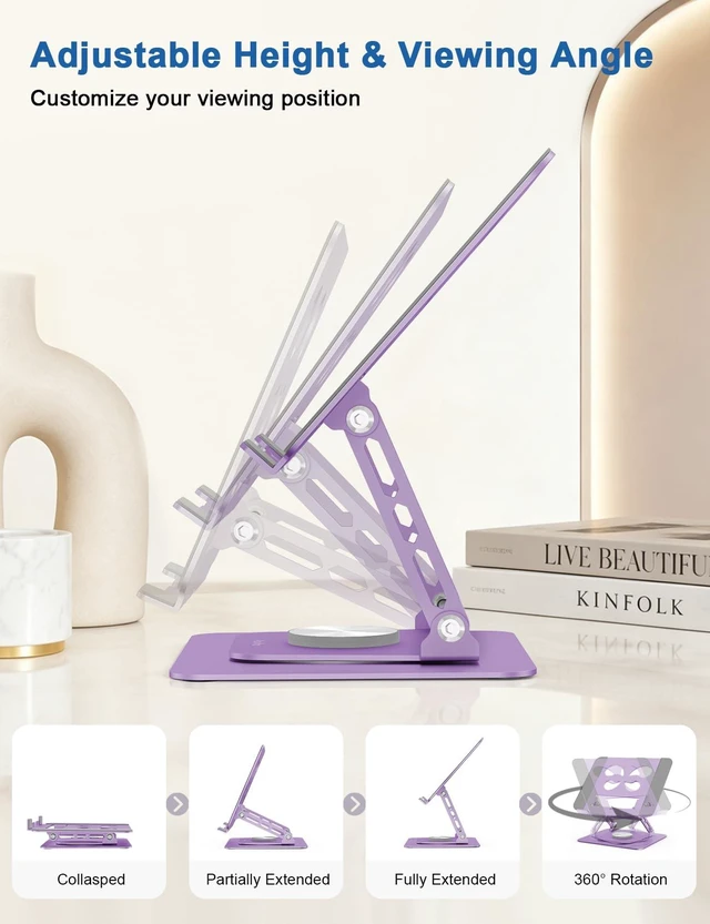 Alt view image 2 of 7 - Aoviho Adjustable Laptop Stand for Desk - 360° Rotating Laptop Riser, Ergonomic Computer Stand Foldable Holder Compatible with MacBook Pro/Air, HP, Dell, Lenovo and Tablets Up to 16", Purple