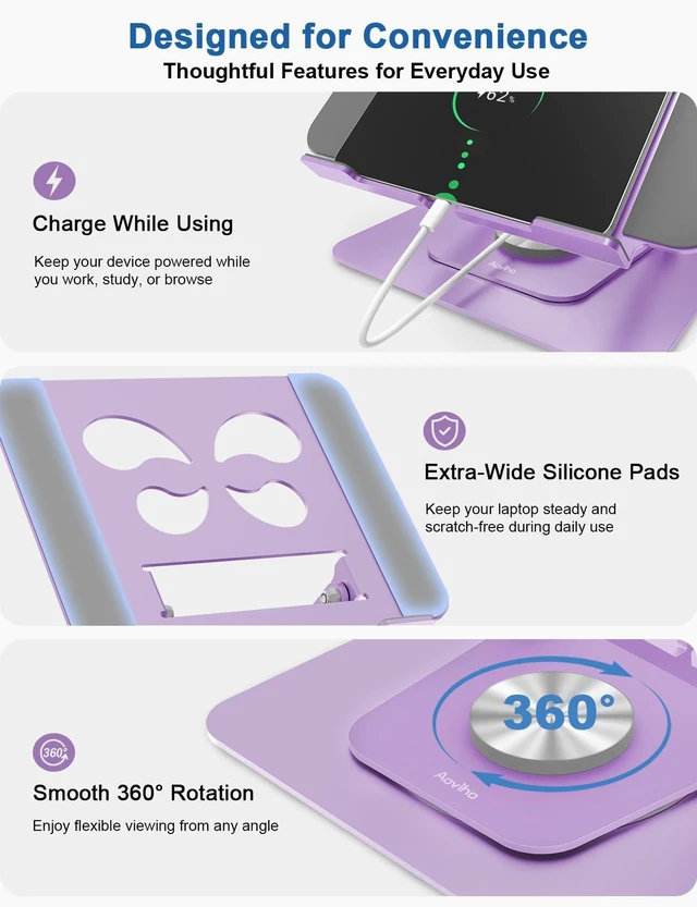Alt view image 4 of 7 - Aoviho Adjustable Laptop Stand for Desk - 360° Rotating Laptop Riser, Ergonomic Computer Stand Foldable Holder Compatible with MacBook Pro/Air, HP, Dell, Lenovo and Tablets Up to 16", Purple