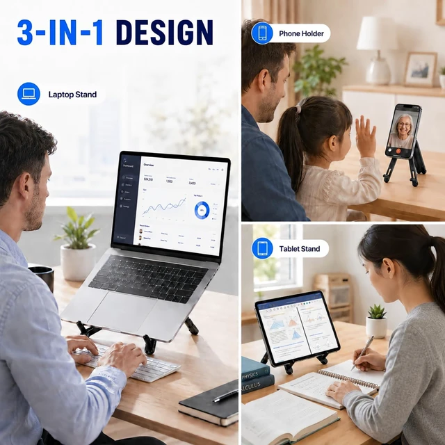 Alt view image 3 of 7 - Lavoqera Portable Laptop Stand for Desk, Foldable Laptop Riser&Tablet Stand | Foldable Aluminum Design, 8-Level Height & Angle Adjustment, Fits 10-16" Laptops, for Home, Office & Travel