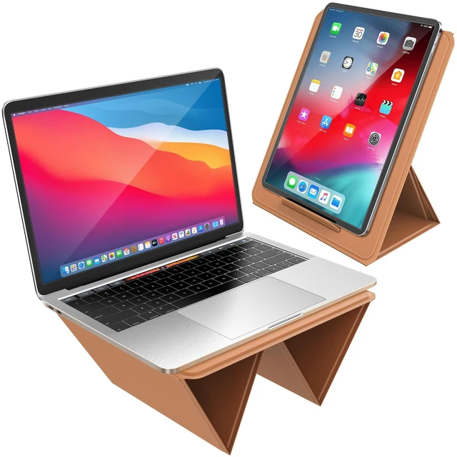 Main image of AboveTEK Portable 2-in-1 Foldable iPad & Laptop Holder for Desk, Adjustable Travel Stand for 14"17" MacBook Air/Pro/Tablets/Kindle, Ultra-Sleek PU Leather Computer Riser