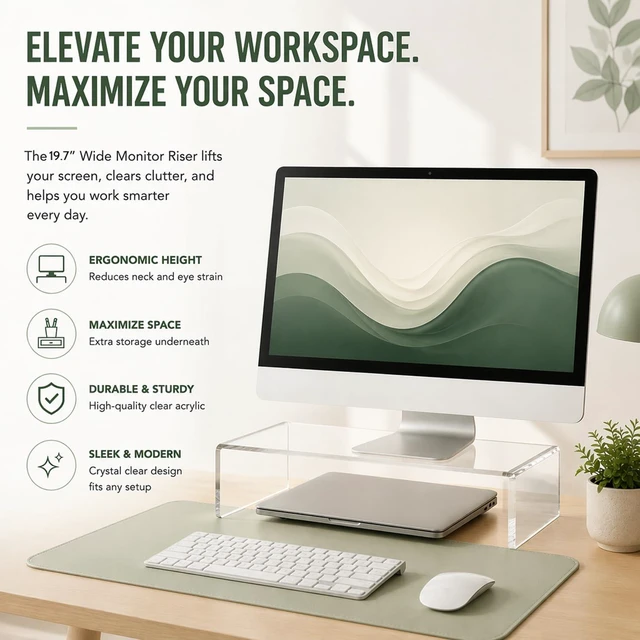 Alt view image 2 of 6 - CalorMixs Clear Acrylic Monitor Stand, 19.7in, Cat-Friendly, 70 lb Capacity | Clear one-piece acrylic stand raises monitors, laptops or small screens while adding desktop storage space.