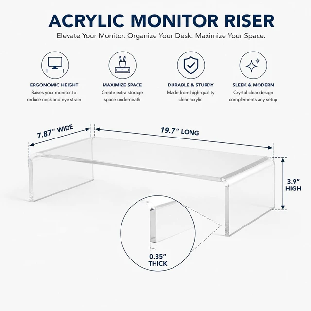 Alt view image 4 of 6 - CalorMixs Clear Acrylic Monitor Stand, 19.7in, Cat-Friendly, 70 lb Capacity | Clear one-piece acrylic stand raises monitors, laptops or small screens while adding desktop storage space.