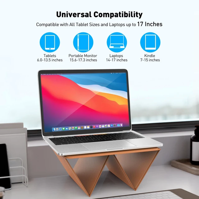 Alt view image 4 of 7 - AboveTEK Portable 2-in-1 Foldable iPad & Laptop Holder for Desk, Adjustable Travel Stand for 14"17" MacBook Air/Pro/Tablets/Kindle, Ultra-Sleek PU Leather Computer Riser