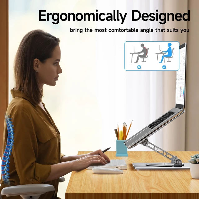 Alt view image 7 of 7 - VAJUN Rotating Laptop Stand, 360° Angle Swivel, Height Adjustable for Neck/Shoulder Health, Solid Aluminum Base, Fits 10"-17" Laptop & Tablet (Silver)