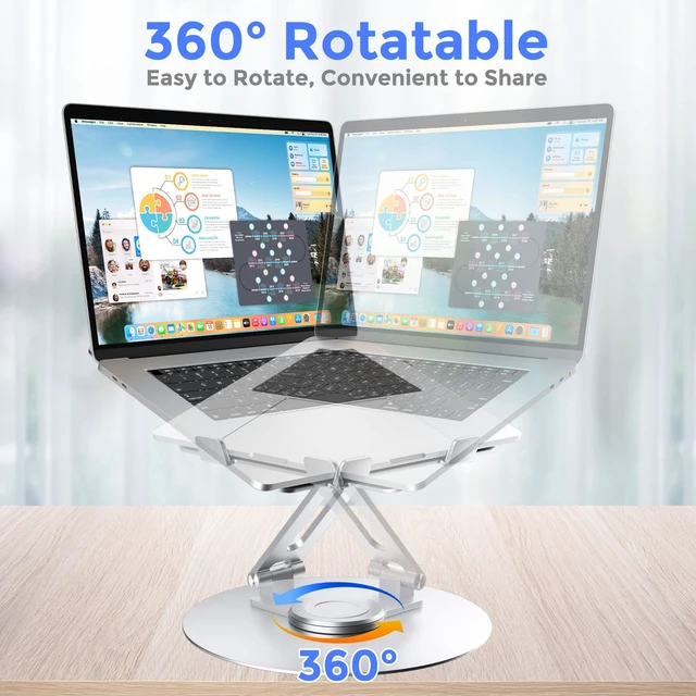 Alt view image 2 of 7 - Swivel Laptop Stand for Desk, Adjustable Height Aluminum Computer Stand with 360 Rotating Base, Foldable Ergonomic Riser, Portable Laptop Holder Compatible with MacBook, All Laptops 10-17'', Chrome