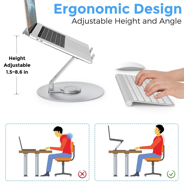 Alt view image 6 of 7 - Swivel Laptop Stand for Desk, Adjustable Height Aluminum Computer Stand with 360 Rotating Base, Foldable Ergonomic Riser, Portable Laptop Holder Compatible with MacBook, All Laptops 10-17'', Chrome