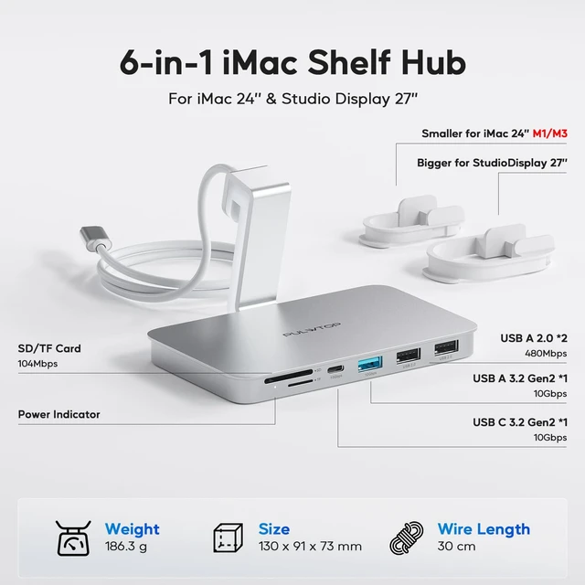 Alt view image 2 of 7 - iMac Accessories for iMac 2021/2023/2024,USB C Hub for iMac for M1/M3/M4 | PULWTOP Shelf Hub for iMac with USB A/C 10Gbps, 2 USBA 2.0, SD/TF Card Reader for iMac24 inch & Studio Display 2, Sliver