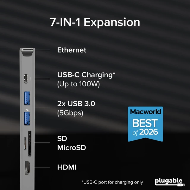 Alt view image 2 of 7 - Plugable USB-C Hub 7-in-1 for Single HDMI Display, Driverless Hub | 4K HDMI, 3 USB 3.0, SD/microSD Reader, 100W Charging Compatible with Mac, Windows, Chrome, USB-C, USB4, Thunderbolt