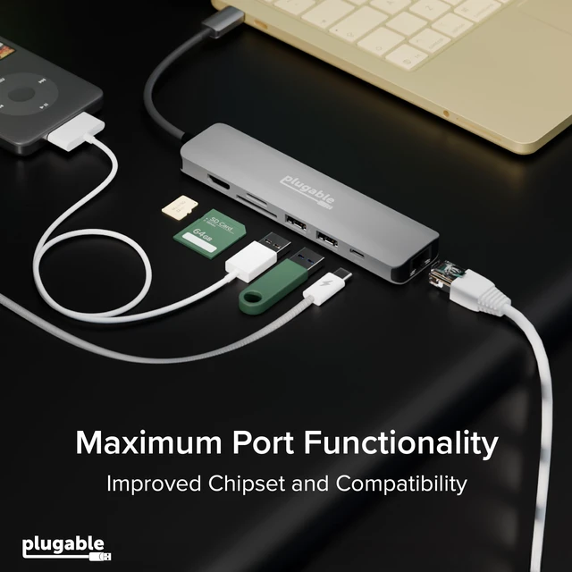 Alt view image 6 of 7 - Plugable USB-C Hub 7-in-1 for Single HDMI Display, Driverless Hub | 4K HDMI, 3 USB 3.0, SD/microSD Reader, 100W Charging Compatible with Mac, Windows, Chrome, USB-C, USB4, Thunderbolt