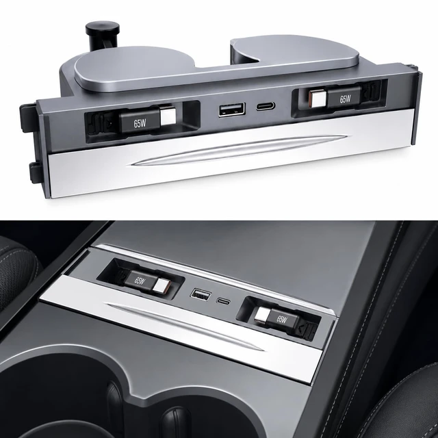 Main image of 65W USB Charging Hub for Tesla Model 3 Highland 2024& Model Y Juniper 2025 | Model 3 2025 and Model Y 2026 Dual Retractable Type-C Cables 65W, 4-Port Fast Docking Station with Sliding Dustproof Cover