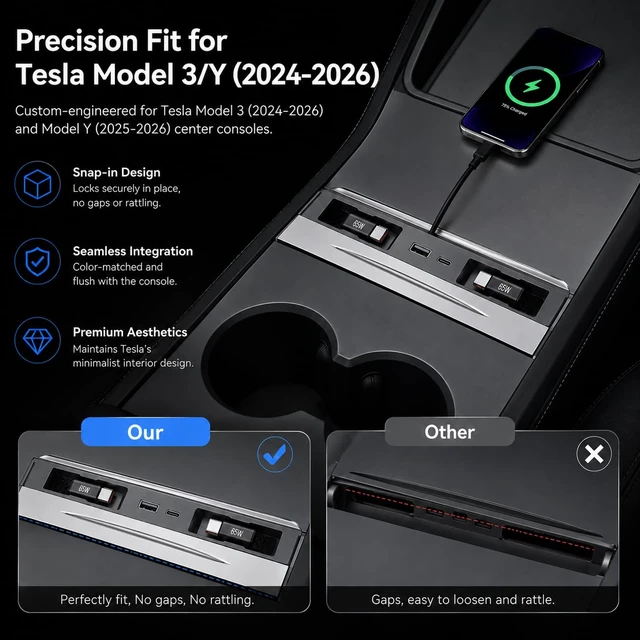 Alt view image 3 of 4 - 65W USB Charging Hub for Tesla Model 3 Highland 2024& Model Y Juniper 2025 | Model 3 2025 and Model Y 2026 Dual Retractable Type-C Cables 65W, 4-Port Fast Docking Station with Sliding Dustproof Cover