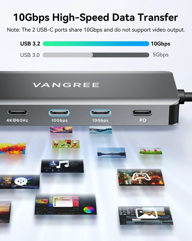 Alt view image 4 of 7 - VANGREE USB C Hub 5-in-1, 2*USB-C Displayports, 2*USB-C 3.2 10Gbps,100W PD | 4K@60Hz Video Output, USB C Splitter Multiport Adapter, Supports SST & MST, Dual monitor adapter for MacBook, Samsung, Dell
