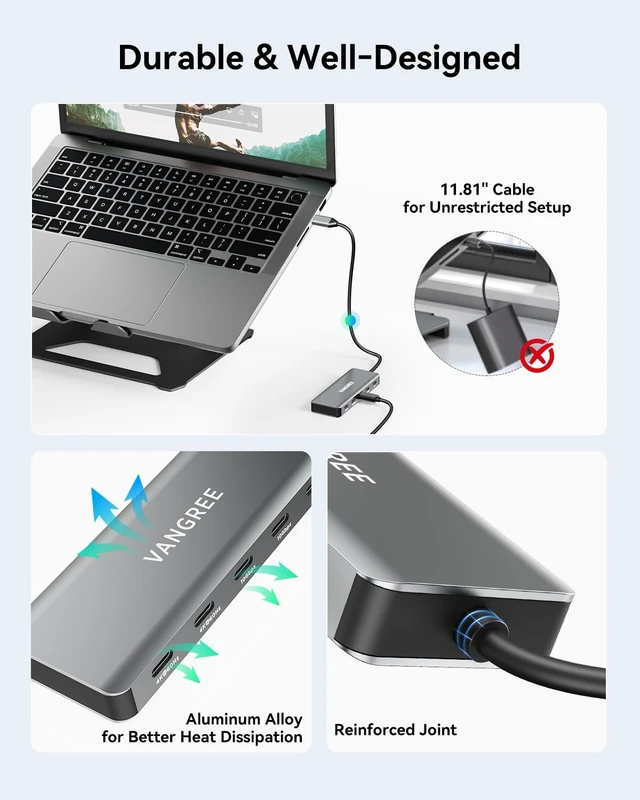 Alt view image 7 of 7 - VANGREE USB C Hub 5-in-1, 2*USB-C Displayports, 2*USB-C 3.2 10Gbps,100W PD | 4K@60Hz Video Output, USB C Splitter Multiport Adapter, Supports SST & MST, Dual monitor adapter for MacBook, Samsung, Dell
