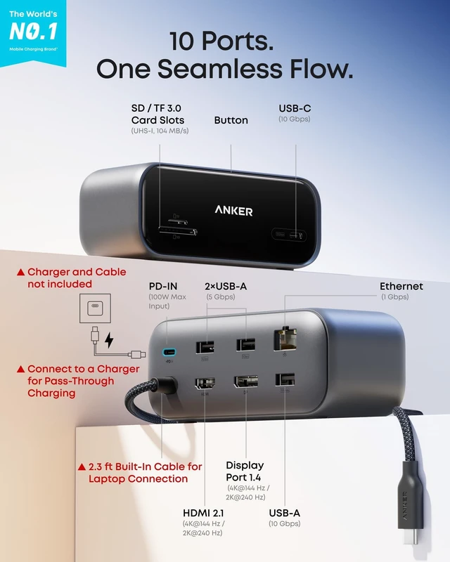 Alt view image 2 of 7 - USB C Hub, Smart Display Hub, Docking Station Dual Monitor,No Charger | Desktop USBC Hub,Dual displays for Windows/Single display for Mac, Dual 2K@240Hz, HDMI+DP,Ethernet,2.3ft Built-in Cable,Grey