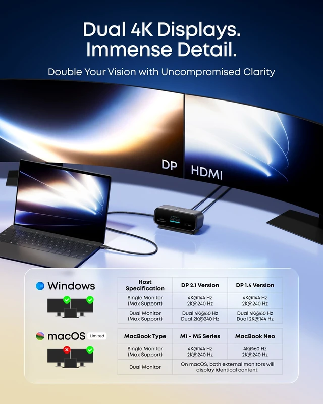 Alt view image 4 of 7 - USB C Hub, Smart Display Hub, Docking Station Dual Monitor,No Charger | Desktop USBC Hub,Dual displays for Windows/Single display for Mac, Dual 2K@240Hz, HDMI+DP,Ethernet,2.3ft Built-in Cable,Grey