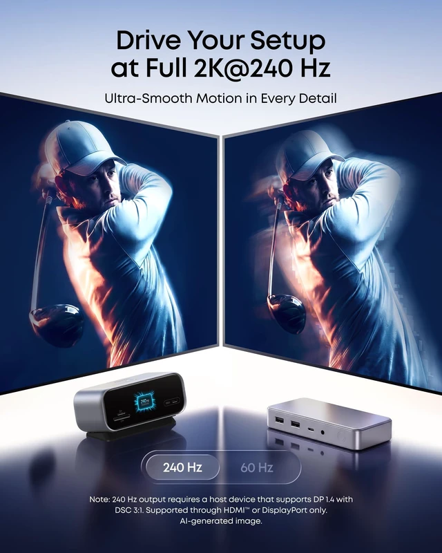 Alt view image 6 of 7 - USB C Hub, Smart Display Hub, Docking Station Dual Monitor,No Charger | Desktop USBC Hub,Dual displays for Windows/Single display for Mac, Dual 2K@240Hz, HDMI+DP,Ethernet,2.3ft Built-in Cable,Grey