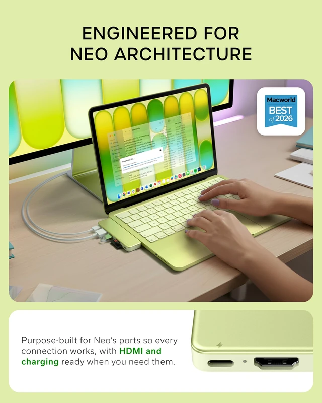 Alt view image 2 of 7 - Satechi 6-in-2 USB-C Snap Hub, 4K/60Hz HDMI, for MacBook Neo, Citrus | USB hub, 45W PD pass-through charging, SD & microSD card readers, 5 Gbps Type-A/Type-C data, for MacBook Neo