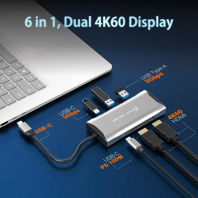 Alt view image 2 of 6 - j5create USB-C Hub 4K@60Hz Dual HDMI with 100W PD Fast Charge | Supports MST Dual 4K HDMI Display for Windows Laptop, SuperSpeed 5GB USB-A x 2, USB-C x 1, HDMI (JCD396)