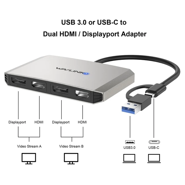 Alt view image 2 of 7 - WAVLINK USB C or USB 3.0 to Dual HDMI/DisplayPort Adapter, Displaylink Monitor Splitter Extended Display for Dual Monitor 4K@60Hz, HDMI/DP Splitter Compatible with Mac M1-M5/Neo,Window Laptop-Silver
