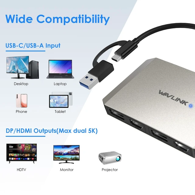 Alt view image 5 of 7 - WAVLINK USB C or USB 3.0 to Dual HDMI/DisplayPort Adapter, Displaylink Monitor Splitter Extended Display for Dual Monitor 4K@60Hz, HDMI/DP Splitter Compatible with Mac M1-M5/Neo,Window Laptop-Silver