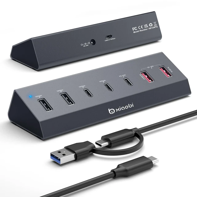 Main image of 7 in 1 USB C Hub with 10Gbps Data Transfer, PD 45W & QC 18W Fast Charging | Ergonomic Tilt and Non-Slip Base, Powered USB Hub with 24V/3A Power Adapter for MacBook, PC and More(Gery)