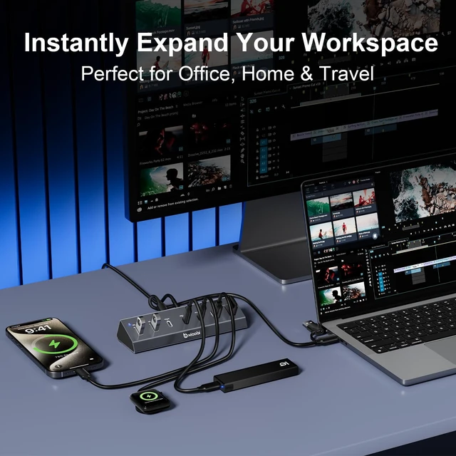 Alt view image 5 of 7 - 7 in 1 USB C Hub with 10Gbps Data Transfer, PD 45W & QC 18W Fast Charging | Ergonomic Tilt and Non-Slip Base, Powered USB Hub with 24V/3A Power Adapter for MacBook, PC and More(Gery)