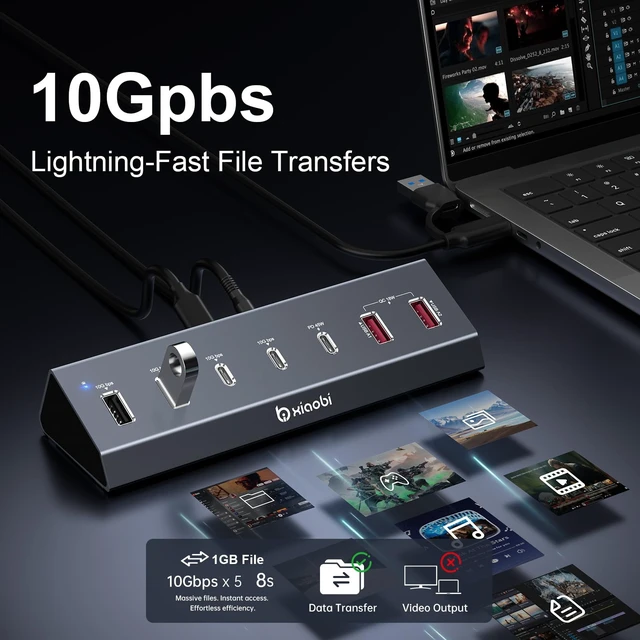 Alt view image 3 of 7 - 7 in 1 USB C Hub with 10Gbps Data Transfer, PD 45W & QC 18W Fast Charging | Ergonomic Tilt and Non-Slip Base, Powered USB Hub with 24V/3A Power Adapter for MacBook, PC and More(Gery)