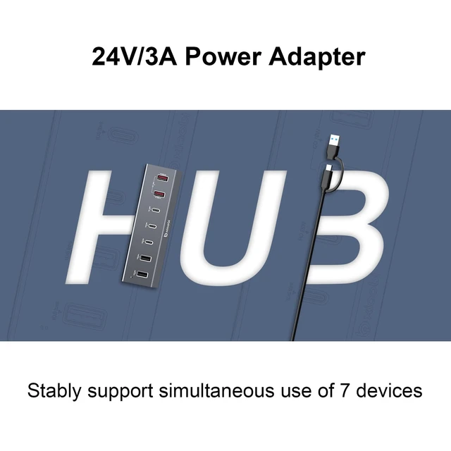 Alt view image 7 of 7 - 7 in 1 USB C Hub with 10Gbps Data Transfer, PD 45W & QC 18W Fast Charging | Ergonomic Tilt and Non-Slip Base, Powered USB Hub with 24V/3A Power Adapter for MacBook, PC and More(Gery)