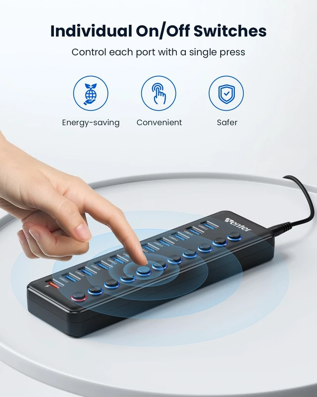 Alt view image 4 of 6 - Powered USB Hub, Wenter 11-Port USB Splitter Hub (10 Faster Data Transfer Ports+ 1 Smart Charging Port) with Individual LED On/Off Switches, USB Hub 3.0 Powered with Power Adapter for Mac, PC