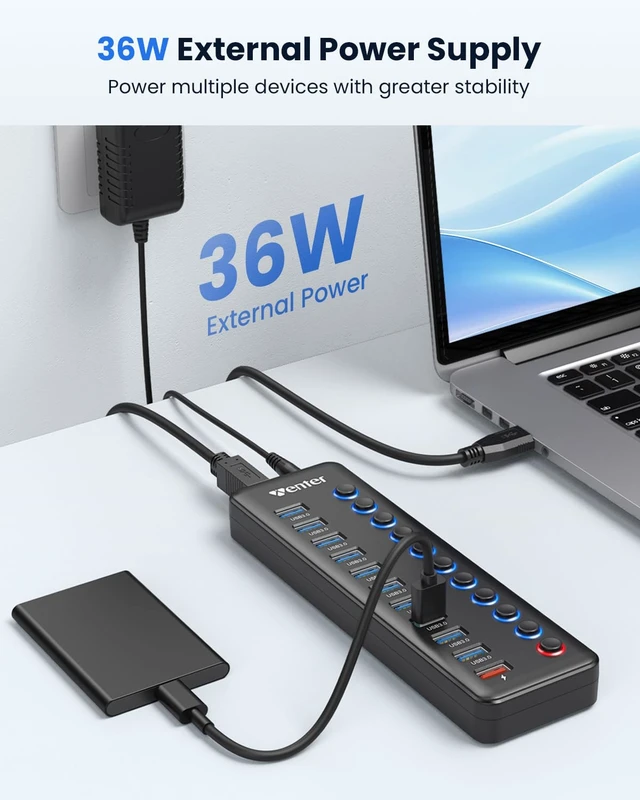 Alt view image 5 of 6 - Powered USB Hub, Wenter 11-Port USB Splitter Hub (10 Faster Data Transfer Ports+ 1 Smart Charging Port) with Individual LED On/Off Switches, USB Hub 3.0 Powered with Power Adapter for Mac, PC