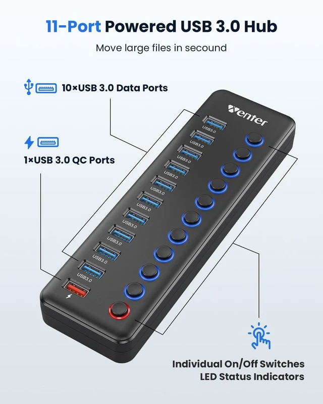 Alt view image 2 of 6 - Powered USB Hub, Wenter 11-Port USB Splitter Hub (10 Faster Data Transfer Ports+ 1 Smart Charging Port) with Individual LED On/Off Switches, USB Hub 3.0 Powered with Power Adapter for Mac, PC
