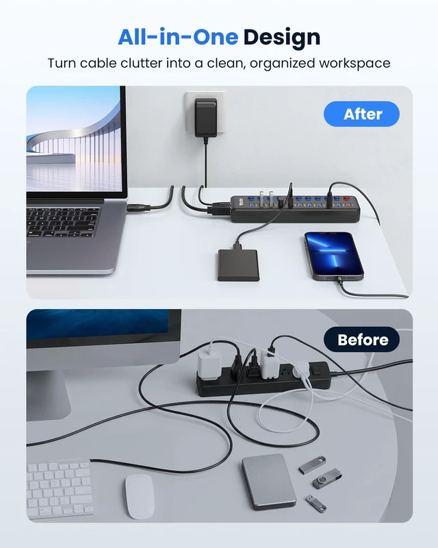Alt view image 6 of 6 - Powered USB Hub, Wenter 11-Port USB Splitter Hub (10 Faster Data Transfer Ports+ 1 Smart Charging Port) with Individual LED On/Off Switches, USB Hub 3.0 Powered with Power Adapter for Mac, PC