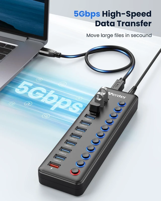 Alt view image 3 of 6 - Powered USB Hub, Wenter 11-Port USB Splitter Hub (10 Faster Data Transfer Ports+ 1 Smart Charging Port) with Individual LED On/Off Switches, USB Hub 3.0 Powered with Power Adapter for Mac, PC