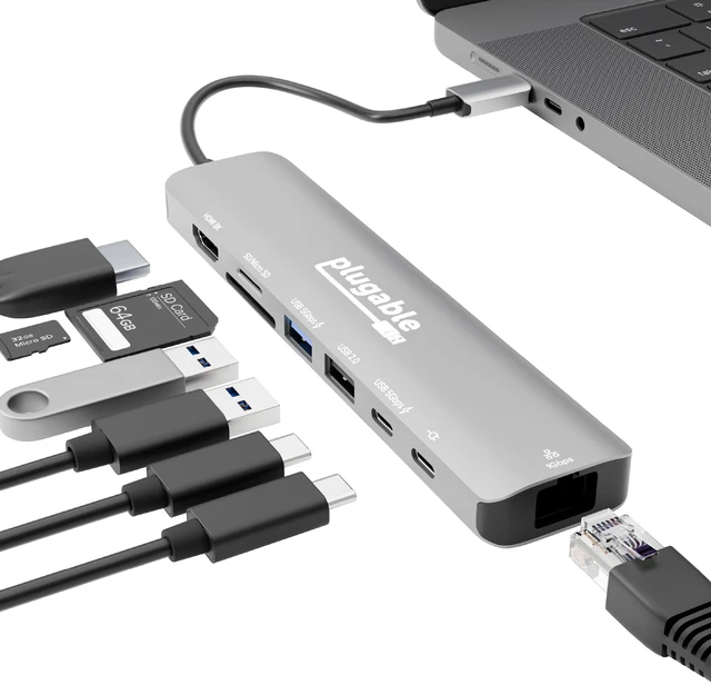Main image of Plugable USB-C 8-in-1 Hub Multiport Adapter, 4K 144Hz or 8K HDMI | 100W Charging, Gigabit Ethernet, SD/microSD, USB-C, USB-A, Driverless Laptop Dock for Windows, Mac, ChromeOS (USBC-8IN1E)