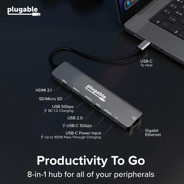 Alt view image 2 of 7 - Plugable USB-C 8-in-1 Hub Multiport Adapter, 4K 144Hz or 8K HDMI | 100W Charging, Gigabit Ethernet, SD/microSD, USB-C, USB-A, Driverless Laptop Dock for Windows, Mac, ChromeOS (USBC-8IN1E)