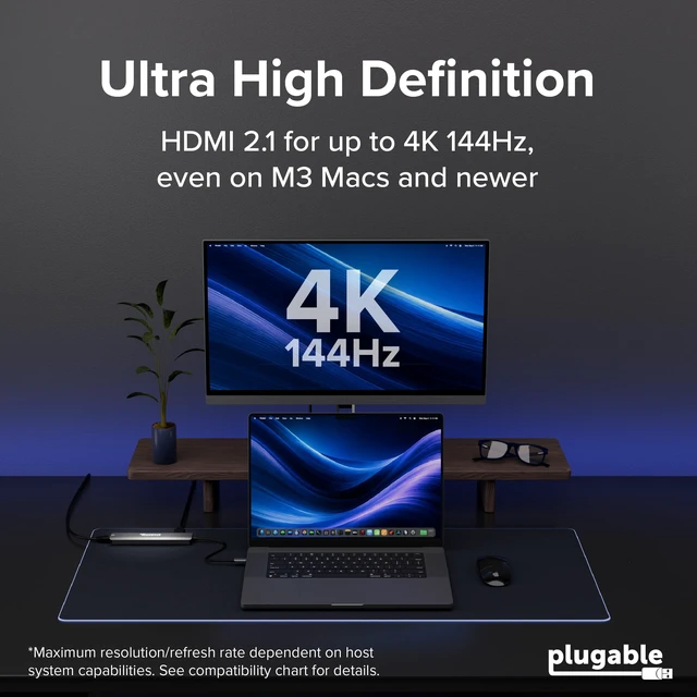 Alt view image 3 of 7 - Plugable USB-C 8-in-1 Hub Multiport Adapter, 4K 144Hz or 8K HDMI | 100W Charging, Gigabit Ethernet, SD/microSD, USB-C, USB-A, Driverless Laptop Dock for Windows, Mac, ChromeOS (USBC-8IN1E)