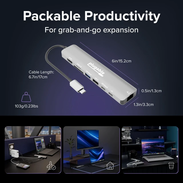 Alt view image 6 of 7 - Plugable USB-C 8-in-1 Hub Multiport Adapter, 4K 144Hz or 8K HDMI | 100W Charging, Gigabit Ethernet, SD/microSD, USB-C, USB-A, Driverless Laptop Dock for Windows, Mac, ChromeOS (USBC-8IN1E)