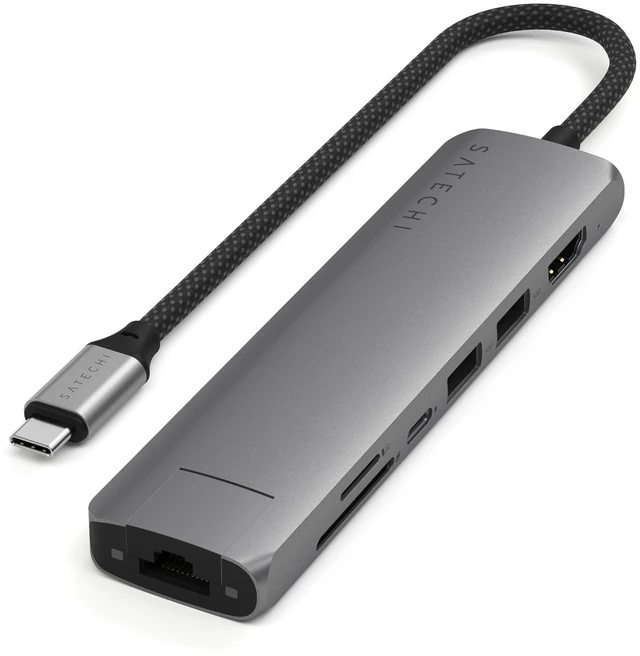 Main image of Satechi 7-in-1 USB-C Hub with Ethernet, 4K/60Hz HDMI, Space Gray | USB hub, 100W PD Charging, 2X USB-A Data Ports, Micro/SD Card Readers, for MacBook Air/Pro/Neo, iPad Air/Pro, Windows