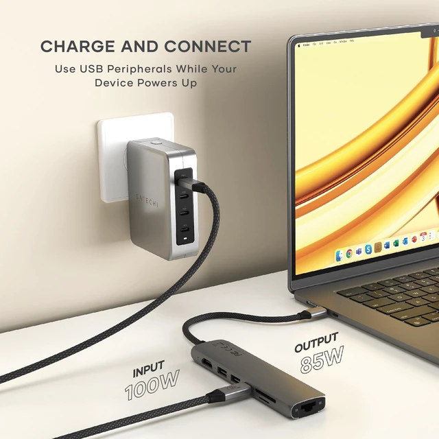 Alt view image 3 of 7 - Satechi 7-in-1 USB-C Hub with Ethernet, 4K/60Hz HDMI, Space Gray | USB hub, 100W PD Charging, 2X USB-A Data Ports, Micro/SD Card Readers, for MacBook Air/Pro/Neo, iPad Air/Pro, Windows