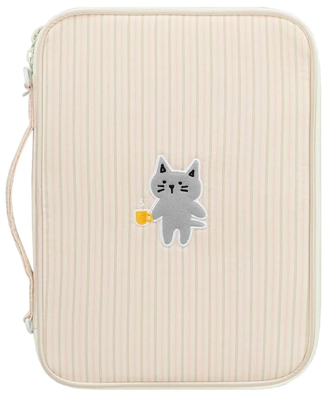 Main image of Kimhachan Stripe Kitty 11 Inch Tablet Pouch with Handle | Vintage-Inspired Fabric Cute Laptop Case Sleeve for Women (Pink x Beige)