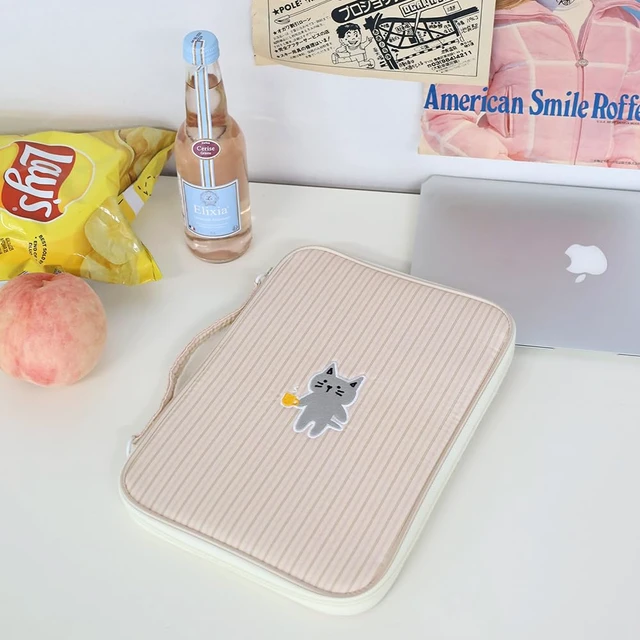 Alt view image 2 of 5 - Kimhachan Stripe Kitty 11 Inch Tablet Pouch with Handle | Vintage-Inspired Fabric Cute Laptop Case Sleeve for Women (Pink x Beige)