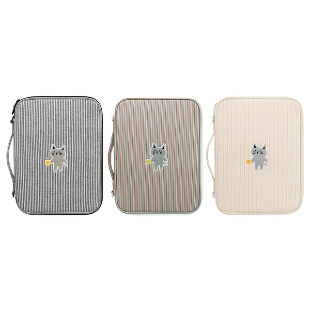Alt view image 5 of 5 - Kimhachan Stripe Kitty 11 Inch Tablet Pouch with Handle | Vintage-Inspired Fabric Cute Laptop Case Sleeve for Women (Pink x Beige)