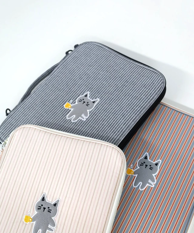 Alt view image 4 of 5 - Kimhachan Stripe Kitty 11 Inch Tablet Pouch with Handle | Vintage-Inspired Fabric Cute Laptop Case Sleeve for Women (Pink x Beige)
