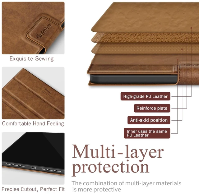 Alt view image 2 of 6 - Antbox Case for iPad (A16) 11th (11'')/ 10th Generation (10.9''), Tan | High Grade Skin-Touch Vegan Leather, Built-in Pencil Holder, Auto Sleep/Wake Function
