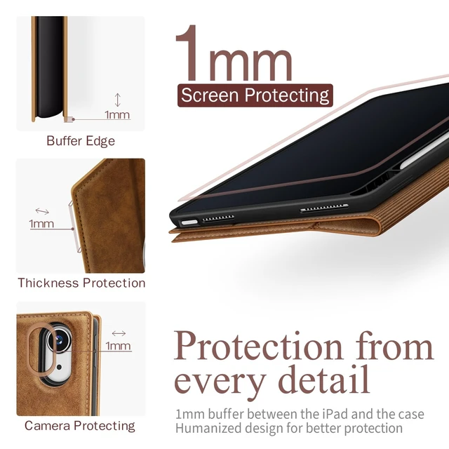 Alt view image 3 of 6 - Antbox Case for iPad (A16) 11th (11'')/ 10th Generation (10.9''), Tan | High Grade Skin-Touch Vegan Leather, Built-in Pencil Holder, Auto Sleep/Wake Function