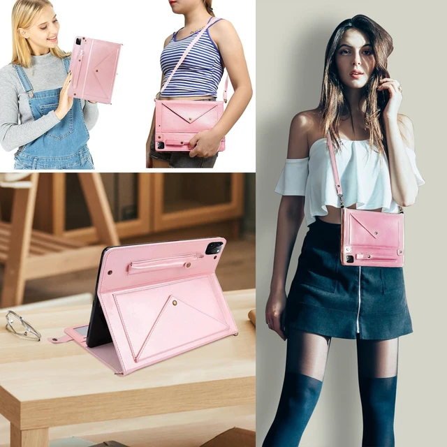 Alt view image 6 of 7 - UUcovers Crossbody Handbag Case for iPad Pro 11 inch M4 2024 (Model: A2836 A2837 A3006) with Pencil Holder/Shoulder Strap/Hand Strap/Pockets, Stand PU Leather Carrying Magnetic Wallet Cover, Rosegold